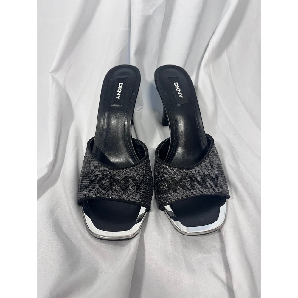 DKNY Britta Sequin Mule Heels Black Logo Y2K Square Toe Sandals 8